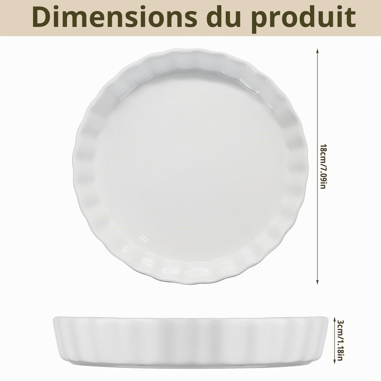 Plat à tarte blanc de 18 cm - Plat à tarte en céramique pour tarte, quiche, pizza, pâtes, pâtisserie