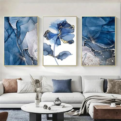 Toiles salon fleurs marbre bleu triptyque mural nordique
