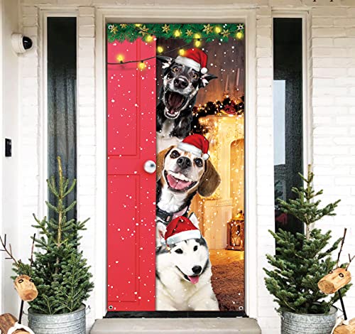 Funny Merry Christmas Door Cover - Large Cute Santa Dogs Banner for Front Door Decoration - Xmas Party Photography Background