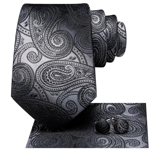 Image of Hi-Tie Paisley Floral Ties Set for Men Silk Mens Stripes Necktie Pocket Square Cufflinks Set Formal Business