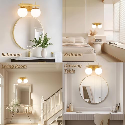 Image of Gold Vanity Light 2-Light Mid Century Modern Bathroom Vanity Light Fixture Globe with Milk White Glass Shade Wall Light Over Mirror (E12 Base)