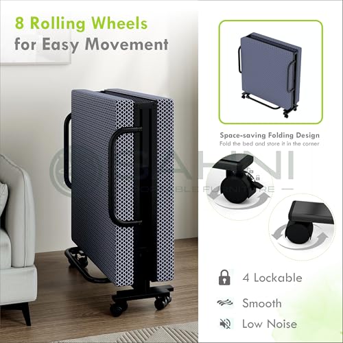 Image of SAHNI PORTABLE FURNITURE Rollaway Folding Single Bed with 4-inch Mattress Attached, Metal Frame, Lockable Wheels, 75x36 inch, Black