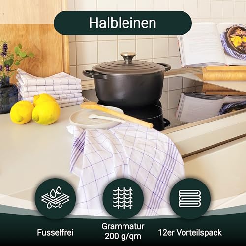 Foto von ZOLLNER 12er Set Geschirrtücher Halbleinen in 50x70 cm - super saugstarke und fusselfreie Küchentücher – waschbar bis 95°C – in blau weiß kariert - Gastronomiequalität - Oeko Tex® Zertifiziert