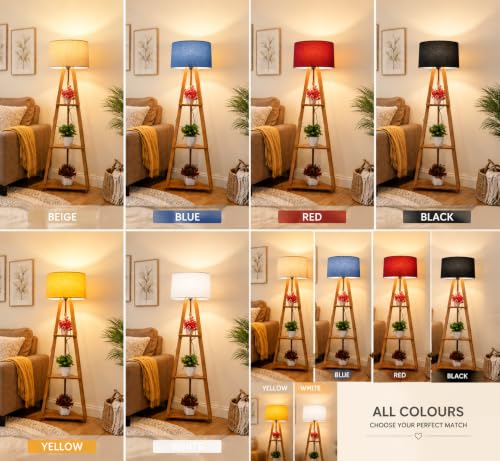 Image of Wooden Tripod Floor Lamp with 3 Shelves Modern Standing Lamp with Fabric Shade Decorative Shelf Floor Lamp for Living Room Bedroom & Home Decor Modern Standing Lamp for Living Room,Bedroom (Red)