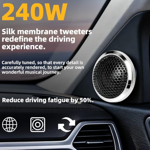Image of Upgraded 1-Inch Car Tweeters - 240W Neodymium Silk Dome High-Frequency Super Tweeters with Built-in Crossover & Bass Blocker - 4-Ohm, Flush /Surface Mount Kit for Crisp Highs - Easy Instal silvery