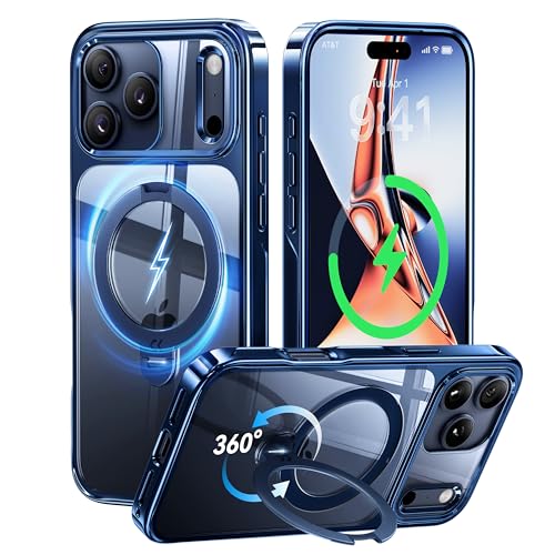 【透き通る上質感・定点360°回転】CASEKOO iPhone 17 Pro Max 用 ケース クリア 米軍MIL規格 フィット感 MagSafe対応 最大25W急速充電対応 横縦両立 角度自在 超強磁力 耐衝撃 高耐久性 ラップホール付き 透明 黄変防止 いphone17promax 用ケース 6.9インチ「MagicStand Pro Kori」(ブルー)