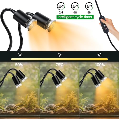 Image of LUCKY HERP Reptile Heat Lamp, Dual Head UVA UVB Reptile Light with Cycle Timer, 360Rotatable Dimmable Aquarium Turtle Tank Basking Light with 4 Bulbs (2PCS 25W and 2PCS 50W)