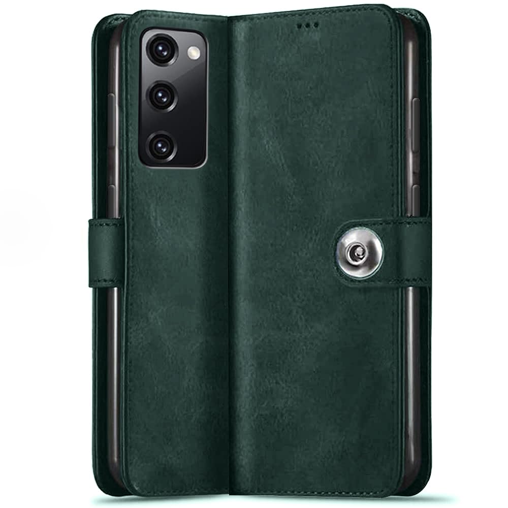 TheGiftKart Flip Back Cover Case for Samsung Galaxy S20 FE / S20 FE 5G | Genuine Leather Finish | Designer Button | Inbuilt Pockets & Stand | Flip Cover for Samsung S20 FE 5G (Faux Leather, Green) (B0D4J5SNRJ) Amazon Price History, Amazon Price Tracker