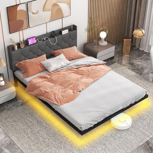 COSTWAY Lit 160x200 cm Design Flottant avec Éclairage LED, Cadre de Lit Double avec Sommier et...