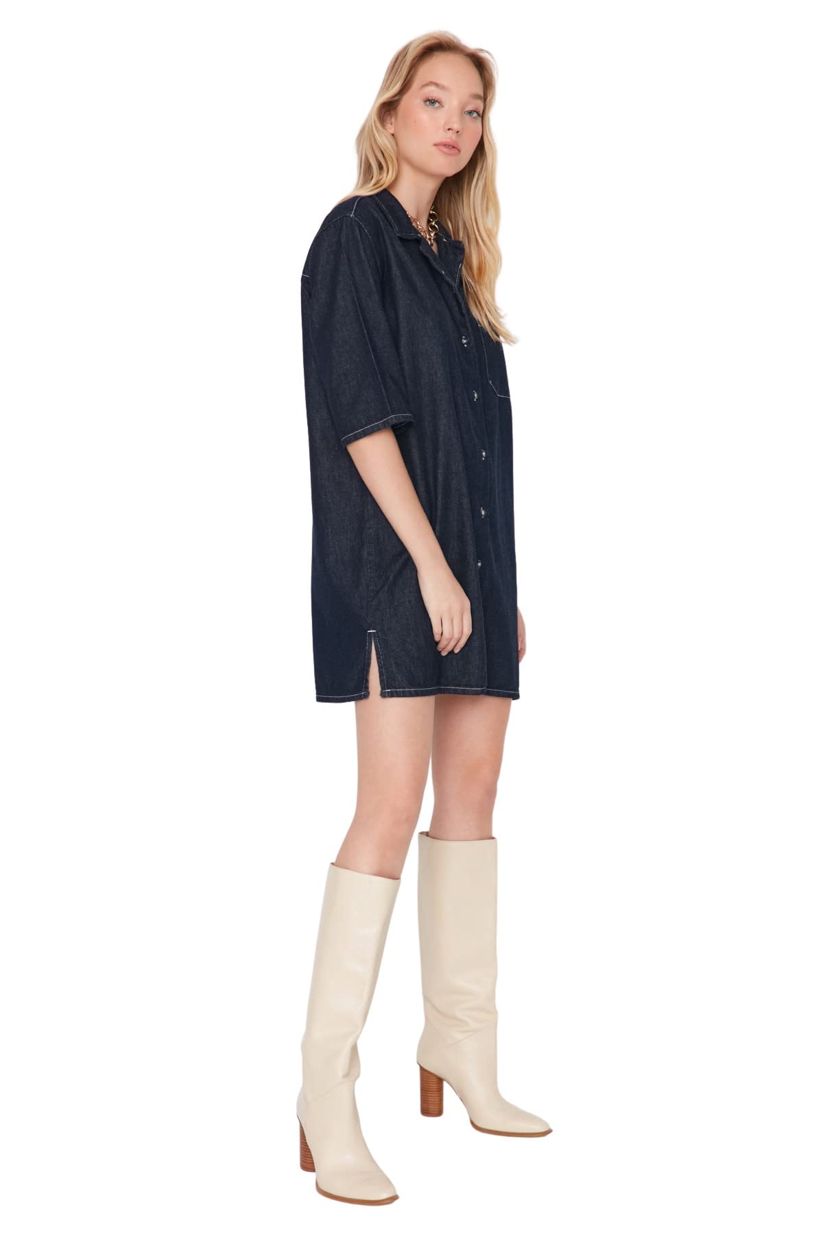 Trendyol Women's Woman Regular Shirt Lapel Collar Denim Dress, Navy Blue, 40