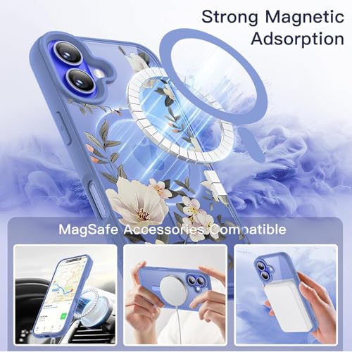 Image of VONZEE Compatible with iPhone 16 Case Luxury Retro Flowers Floral Clear for Magnetic Wireless Charging Case Shockproof Case PC+TPU Cute Glossy Shiny Cover for Girls Women, 6.1'' Official Blue