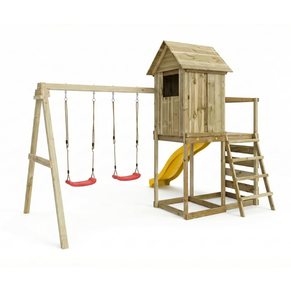 Casetta Rialzata in Legno per Bambini Maxplay 5 con Scivolo 2,2 m, Doppia Altalena e Parete Arrampicata – Parco Giochi da Giardino con Torre e Sabbiera, 368x370x262 cm, Legno Impregnato Autoclave