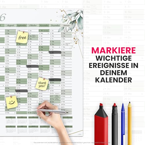 XXL Jahreskalender 2026 und Januar 2027 Jahresplaner in A1 im schönen Eukalyptus Blätter Design mit Ferien und Feiertagen Wandkalender Wandplaner Kalender Planer gefaltet gefalzt