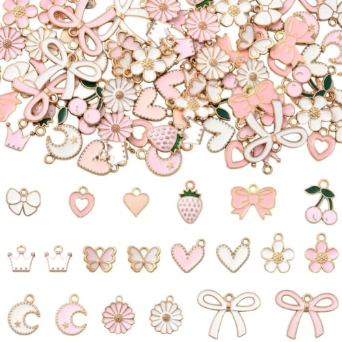 SUNNYCLUE 1 Box 80Pcs 20 Styles Assorted Pink Charms Metal Enamel Charms Bulk Alloy Coquette Bowknot Flower Heart Butterfly Crown Moon Star Pendants for Jewelry Making Bracelets Earrings DIY Crafts