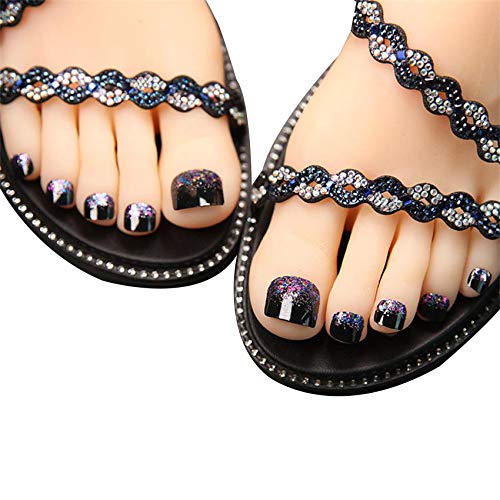 Wangmeili Blue: 24Pcs False Toe Nail for Women and Girls Glitter Decorated Full Cover Press On Fake Toenails with Glue