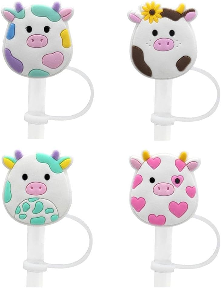 4 Pcs Cute Funny Straw Covers for Stanley 30&40 Oz, Silicone Straw Topper for 7-8mm Caliber Straws, Cute Cows Straw Cover, Drinking Straw Tip Covers, Straw Tips Lids Protectors Reusable Straws