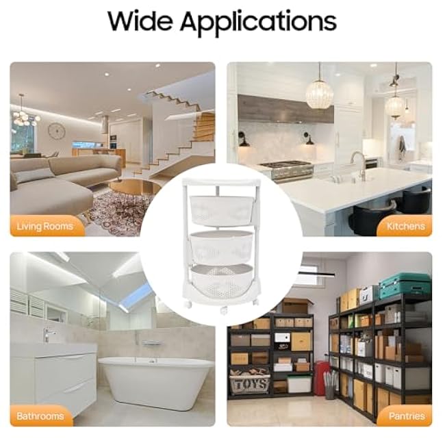 Rotating Storage Rack, 3-Tier Round Storage Basket Shelves, Kitchen Storage Basket Cart with Wheels, Ideal for Living Rooms, Kitchens, Bathrooms, White-HtsLDyn9