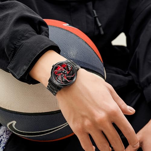Image of FANMIS Men's Racing Car Wheel Watch 3D Spinning Dial Stainless Steel Watch | Creative 3D Spinning Car Quartz Large Skeleton Face and 30M Water Resistance Designed for Car Fans and Daily Wear.
