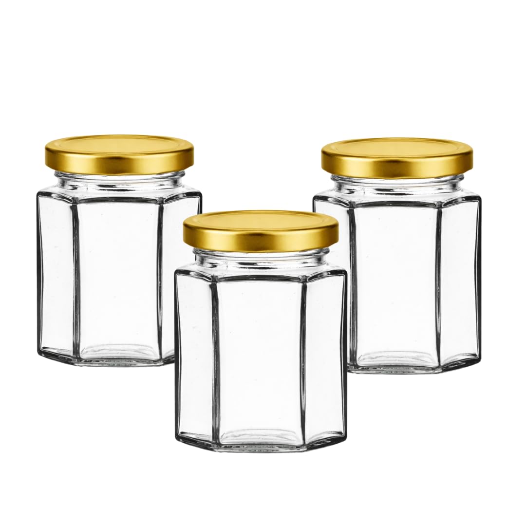 190ml Hexagonal Glass Jars with Gold Twist-Off Lids (Pack of 50) | Honey, Jam & Chutney Storage | J&B