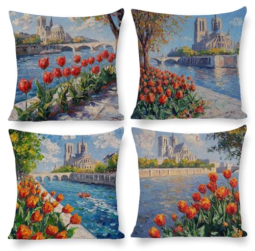 クッションカバー 4枚セット 40x40cm 正方形 おしゃれ かわいい 北欧 隠しファスナー ビロード ソファ背当て 装飾枕カバー 座布団カバー 家庭装飾 車 椅子 飾り 四季通用 インテリア 女性 祝日のプレゼント (チューリップの風景) q-766