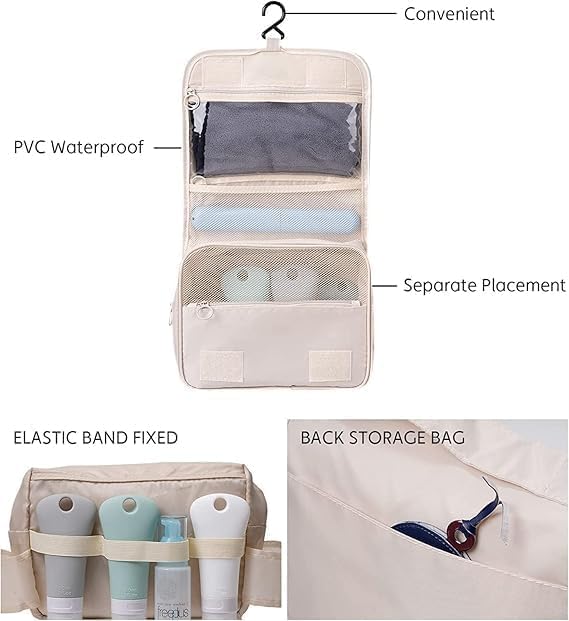 Image of Toiletry Bag for Travel Nylon Toiletry Kit Cosmetic Makeup Pouch Organizer Foldable Multifunction Bag for Brush /Shaving Kit /Medicine for Men & Women Waterproof (Beige) 15 cms