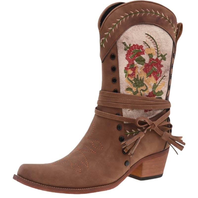 Women's large-sized retro brown short boots - comfortable thick heel for heightening, fashionable printed pattern, anti-slip rubber sole, suitable for daily use, outdoor activities, travel, versatile.