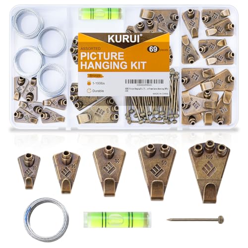 Image of KURUI Bronze Picture Hanging Kit, Heavy Duty Wall Hangers Set with Brass Hooks, Nails, Wire and Mini Level, Assorted Sizes, for Frames, Posters, Art, Canvas, Home Decor, 69 Pcs