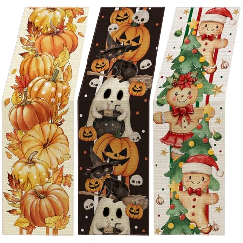 3 Pcs Halloween Table Runner Thanksgiving Table Runner 13x72 Inch Halloween Ghost Decor Fall Pumpkin Christmas Gingerbread Decor Holiday Decoration Seasonal Farmhouse Kitchen Decoration