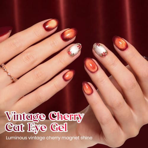 Image of Beetles Red Cat Eye Gel Nail Polish, 15ml Vintage Cherry Magnetic Gel Shine | with 2 Magnets, Glass Cat Eye 3D Shimmer Fall Gel Soak Off UV LED Nail Art Manicure for Women Salon and Home Use