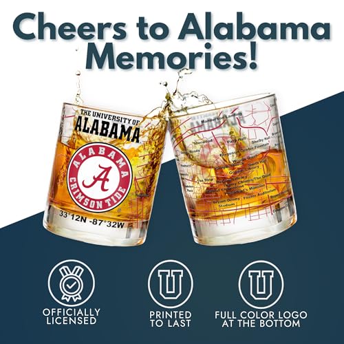 Image of Greenline Goods - University of Alabama Crimson Tide College Whiskey Glasses (Set of 2), 10 oz - Full-Color Logo + Campus Map