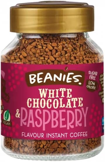 BEANIES Flavoured Instant Coffee White Chocolate & Raspberry Hot & Cold Coffee Makes 25 Cups 100% Arabica Light Roasted Coffee Sugar Free 50g. Bottle (White Chocolate & Raspberry)