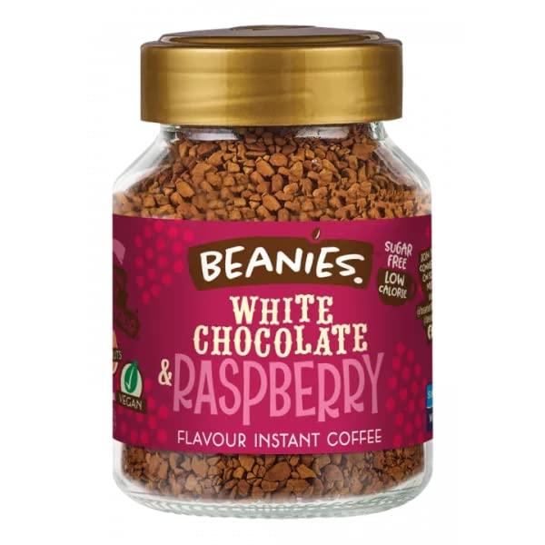BEANIES Flavoured Instant Coffee White Chocolate & Raspberry Hot & Cold Coffee Makes 25 Cups 100% Arabica Light Roasted Coffee Sugar Free 50g. Bottle (White Chocolate & Raspberry)