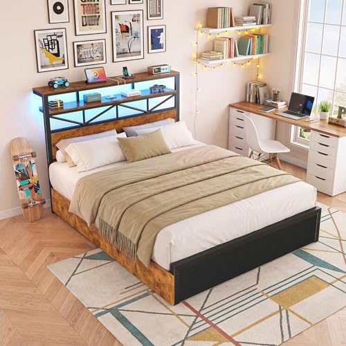 Image of Homkdom Full Size Bed Frame with Large 4 Drawers, 2-Tier Shelf, LED Light and Charging Station, Heavy Duty Platform Bed with 880 lbs Capacity, Easy Assembly,Vintage Brown