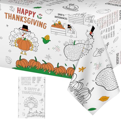 Happy Thanksgiving Coloring Tablecloth for Kids-Giant Thanksgiving Paper Activity Table Cover, Jumbo Fall Turkey Coloring Games Poster Crafts for Thanksgivings Table Decor Party Favors,54 x 108 Inch