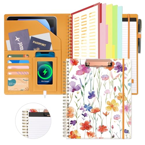 Image of Ospelelf Clipboard with Storage for Women, Leather Padfolio Portfolio Organizer 5 Folders with 10 Pockets, Spiral Clipboard Folio with Notepad for Letter Size, Elastic Closure and Pen Loop Flowers