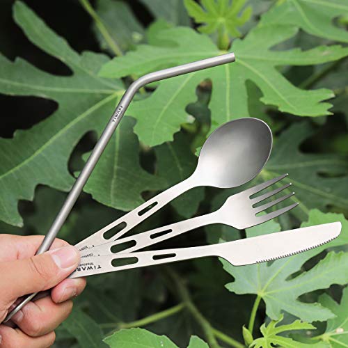 Titanium Knife Fork Spoon Drinking Straw Ultra-Light Weight Tableware Durable Flatware Cutlery Set W. With Carabiner Clip Reusable Eco-Friendly For Hiking Camping Scouting Outdoor Sports Long Lasting #TOP4