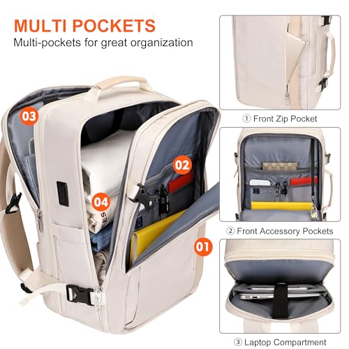 PIJUSHI Carry on Travel Backpack for Women Expandable Suitcase Backpacks Flight Approved 40L 16 inch Laptop Bag with USB Port(PE034 Beige)4