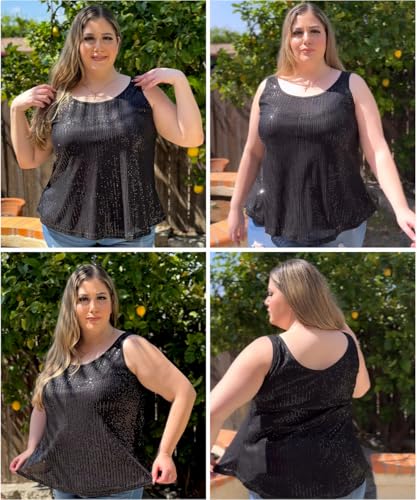 RITERA Plus Size Sequin Tank Tops for Women Sexy V/U Neck Sparkle Top Glitter Sleeveless Outfit Shimmer Camisole XL-5XL4