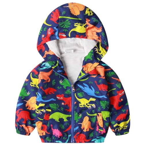 KISBINI Toddler Boy's Cartoon Dinosaur Zip Jacket Lightweight Hooded Windbreakers Outdoor Raincoat