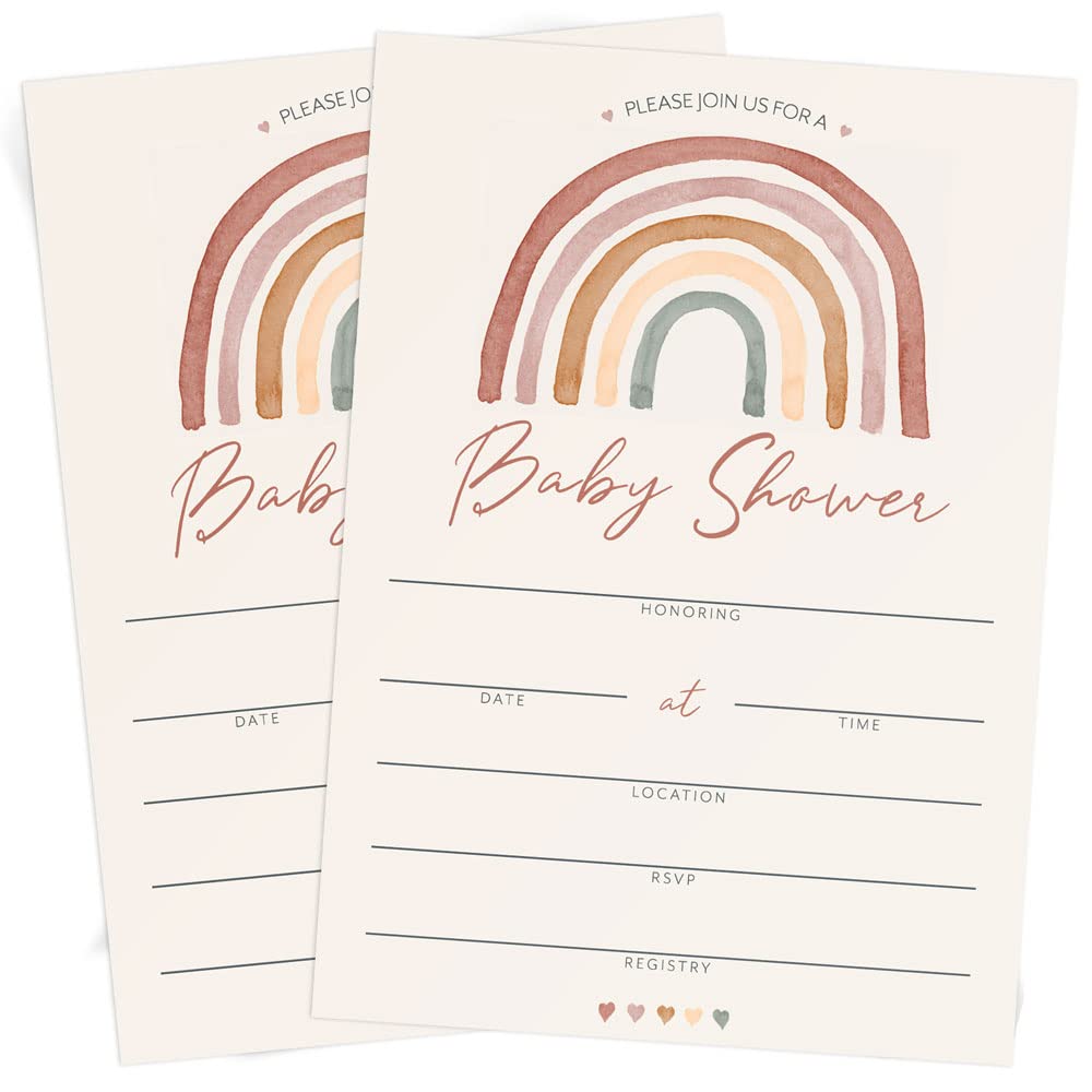 Printed Party Baby Shower Invitations and Envelopes, Set of 30, Boho Rainbow Theme