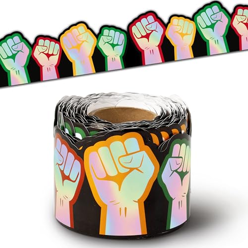 Image of BeYumi Black History Border Trim - 65ft Kwanzaa Fist Holographic Rolled Border Trim Juneteenth Iridescent African American Celebration Bulletin Board Borders School Classroom Chalkboard Party Decor
