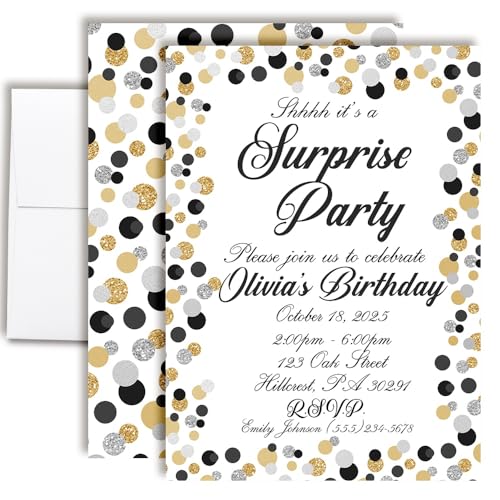 Custom Birthday Invitations Gold & Black Surprise Birthday Invites for Kids Pack of 20 5x7 Custom Black, Gold & Silver Confetti Invitation Cards With Twenty Envelopes - Unique Polka Dot Party Invites