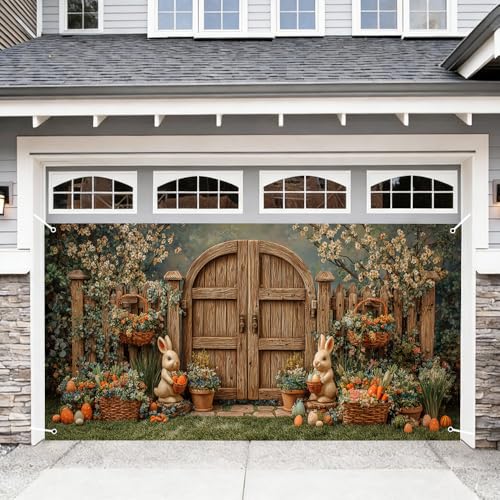 Image of Spring Garden Garage Door Cover 157x70 inch Bunny Floral Rustic Wood Door Farmhouse Outdoor Mural Banner Easter Decoration Home Decor