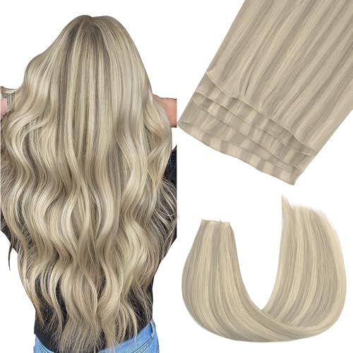Image of GOO GOO Genius Weft Hair Extensions Human Hair, Sew In Weft Extensions, Seamless Blend & No Bulk Flat, Natural Volume for Women, 17A /60A Ash Blonde Highlighted Platinum Blonde 14 Inch 50g