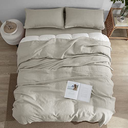 EVERLY Linen Sheets Set Full Size,100% French Stonewash Pure Linen Bed Sheets,4Pieces (1Flat Sheet,1Fitted Sheet,2Pillowcase) Suitable for Hot Sleepers,Deep Pocket Natural Bedding Set
