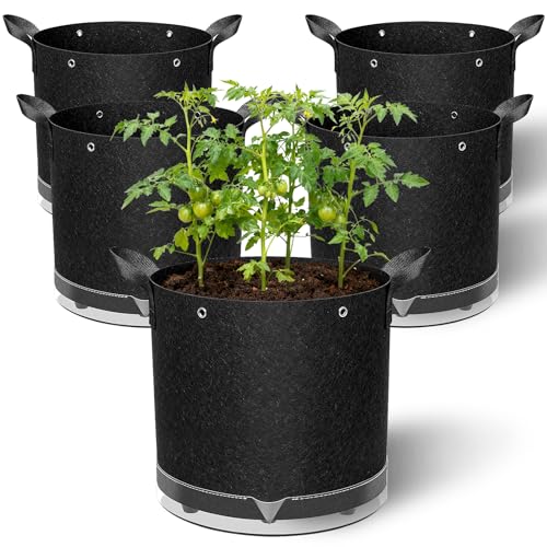 5 Pack 5 Gallon Self-Watering Grow Bags Thick Nonwoven Fabric Pots with Support Rings and Reinforced Handles Self-Watering Planters with Bottom Reservoir for Tomatoes Peppers Potatoes and Vegetables
