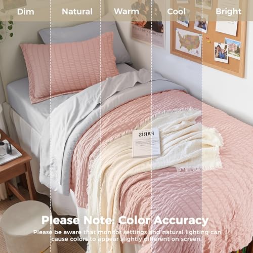 Image of HYMOKEGE Rose Gold /Light Grey Twin Comforter Set Seersucker 5 Pieces, All Season Luxury Bed in a Bag for Bedroom, Bedding Set with Comforter, Sheets, Pillowcase & Sham