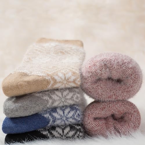Image of ICEIVY Womens Socks 5 Pairs Wool Warm Cotton Thick Vintage Casual Winter Cabin Crew Fuzzy Socks Gifts For Women