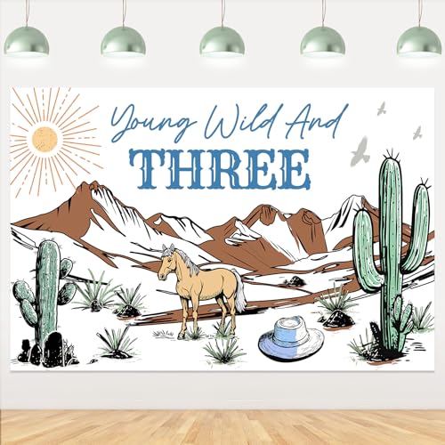 kreat4joy Young Wild and Three Party Decorations Boy, Cowboy Western 3rd Birthday Party Decorations Backdrop Banner for 3 Year Old Boy Birthday Photography Background 3 x 5 ft