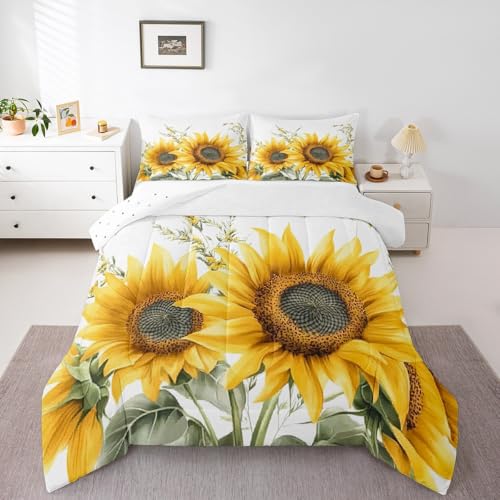 Image of Feelyou Sunflower Comforter Set Watercolor Botanical Branches Kids Comforter for Boys Girls Floral Print Bedding Set Nature Duvet Set Room Decor Quilt Queen Size Boys
